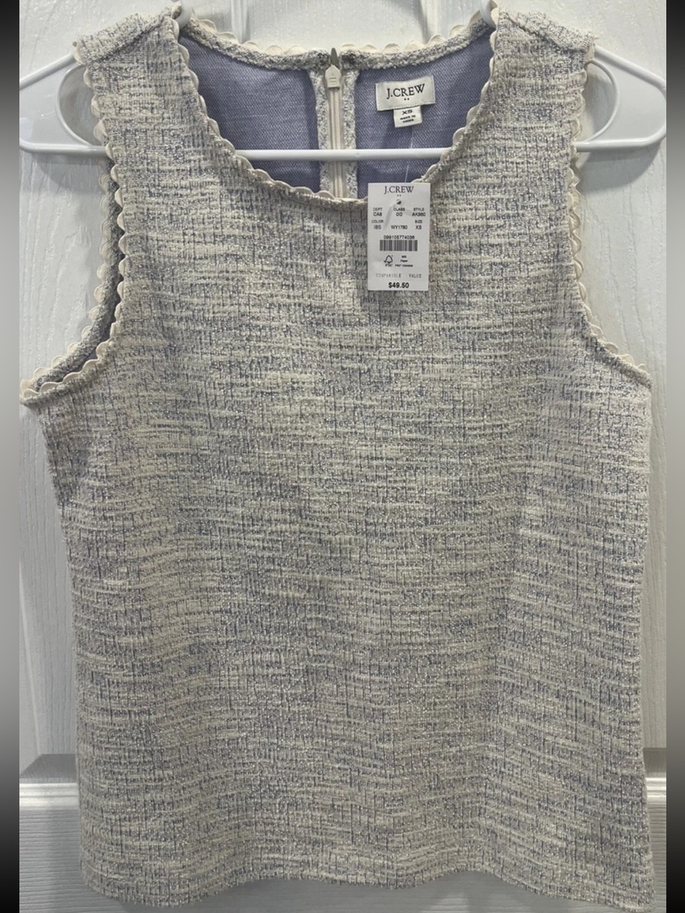 NWT J.Crew Tweed Scallop Trim Sleeveless Top Women’s XS Ivory/Light Blue